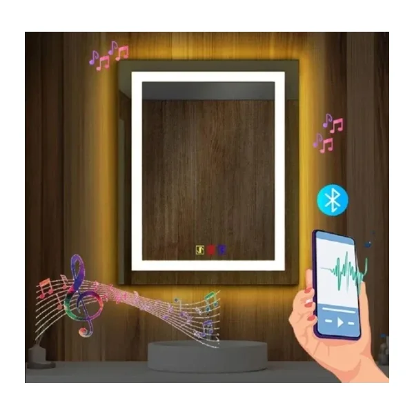(h)50x70 cm Bluetoothlu Buğu Çözücülü Dokunmatik Işıklı Kumlamalı Banyo Aynası