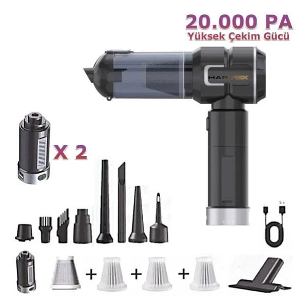 Harvox Hxvc-005 Araç İçi Profesyonel Süpürge 12.000 Mah Çift Bataryalı 20.000Pa Güçlü Vakum Ve Üfleme Powerbank Özellikli Süpürge Siyah