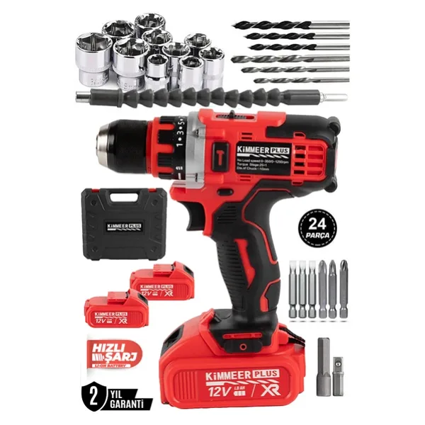 KİMMEER PLUS 12V Metal Şanzıman Şarjlı Matkap 24 Parça Akülü Vidalama Akülü Matkap Seti