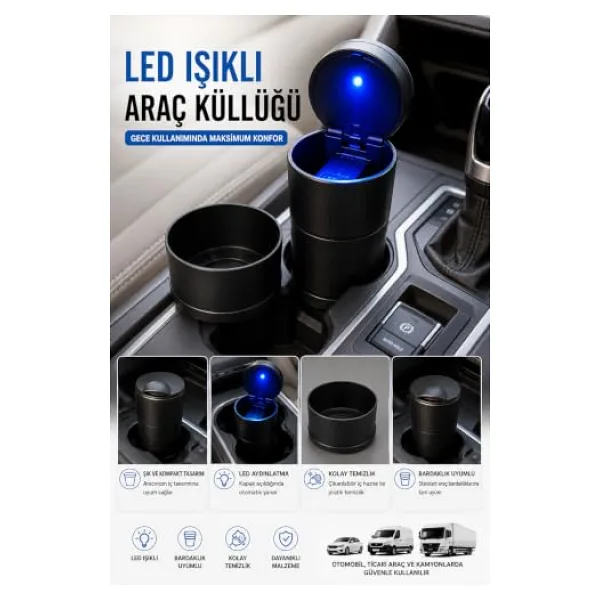 LED Işıklı Küllük Bardaklık Uyumlu Araç Ev ve Ofis Kullanımına Uygun Kapaklı Küllük