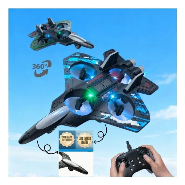 Magicway LED Işıklı Sarjlı Uçak Drone 4 Turbofan Motor 360° Dönüş 2,4 Ghz Uzaktan Kumandalı Darbeye Dayanıklı Köpük Gövde - Mavi