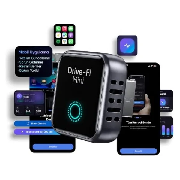 Minesk Drive-Fi Mini iPhone için Kablosuz CarPlay Adaptörü/Mobil Uygulama Desteği / 0.5 Saniye Düşük Gecikme/Otomatik Bağlantı/Arm - Cortex A7 İşlemci/Otomatik Araç Tanıma