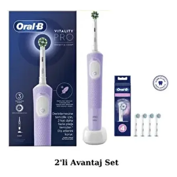 Oral-B D103 Vitality Pro Şarjlı Elektrikli Diş Fırçası Lila Yumuşak Başlıklarla 4 Adet Yedek