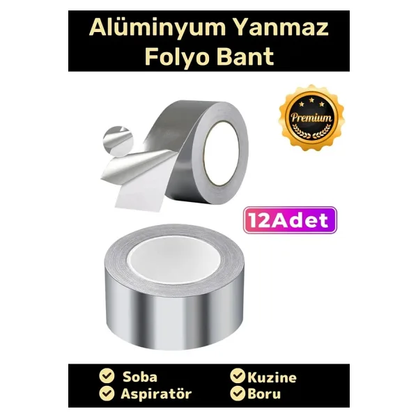 Özel Suya Sıcaklığa Dayanıklı Tamir Soba Boru Yama Alüminyum Yanmaz Folyo Bant 45mm - 5mt - 12 Adet
