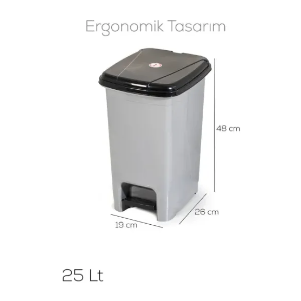 Porsima 0131 Pedallı Metalize Banyo Mutfak Çöp Kovası Siyah Kapaklı Slim Pedallı Çöp Kovası 25 Litre - 25 lt - Gri - Siyah