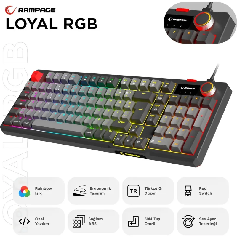 Rampage LOYAL Gri-Siyah RGB Red Switch Kablolu Mekanik Oyuncu Klavyesi
