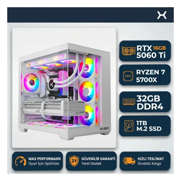 Xaser SovaX60 Ryzen 7 5700x 32GB Ram 1TB M.2 NVMe SSD 16GB RTX5060Ti Sıvı Soğutmalı Hazır Sistem Oyuncu Bilgisayarı