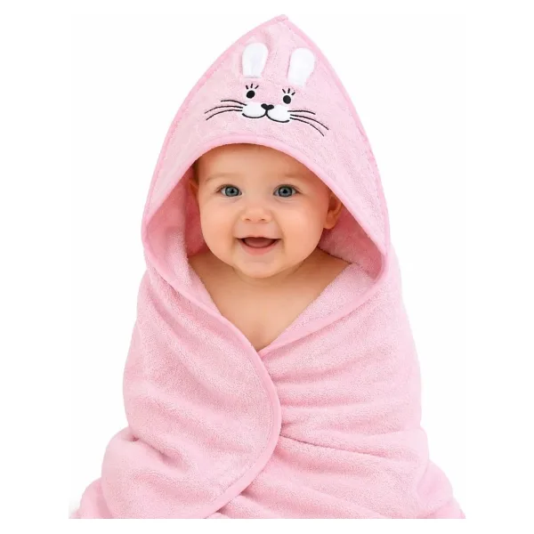 %100 Pamuk Yenidoğan Bebek Kundak Nakışlı Banyo Havlusu Pembe - 0 - 1 Ay - Renkli