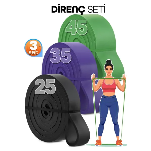 25 + 35 + 45 Kg 3'Lü Set Barfiks Lastiği Gym Resistance Band Antrenman Kas Geliştirme Bandı