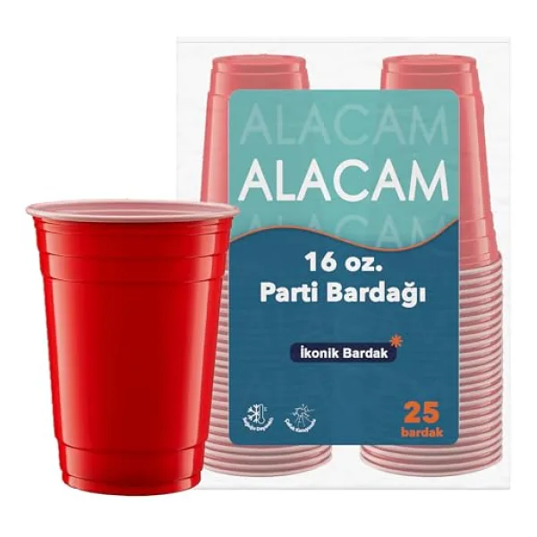 25 Adet İkonik Amerikan Parti Bardağı Kırmızı Plastik Bardak Tek Kullanımlık 16 OZ - 500 ML