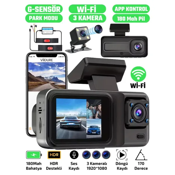 A-98 Wifi Full Hd 3 Kameralı Araç Içi Güvenlik Kamerası + Park Modu Kablosu Ön-Arka-Iç Kayıt,dashcam