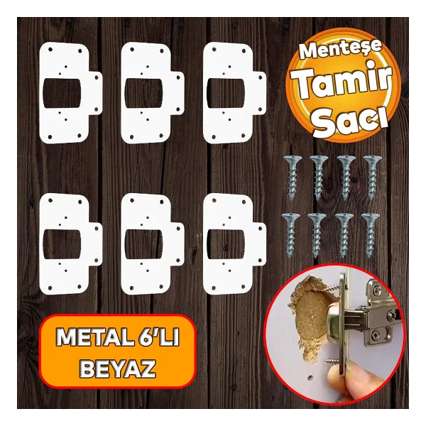 Badem10 Beyaz Renk Dolap Kapak Taş Tas Menteşe Tamir Sacı 6 Adet Pratik Onarım Kiti Yuva Tablası 6,5x9