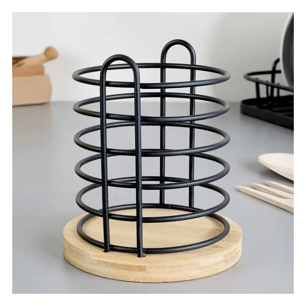 Bambu Tabanlı Metal Kaşıklık - Tezgah Üstü Dik Kaşıklık Mutfak Düzenleyici Dekoratif Organizer Bej