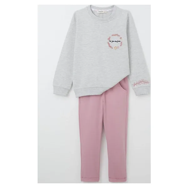 Breeze Kız Çocuk Eşofman Takım Çiçek Nakışlı 1.5-5 Yaş, Açık Gri Melanj