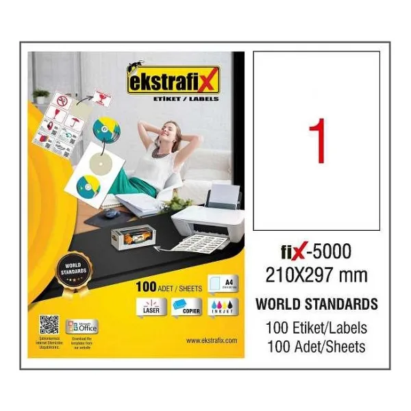 Ekstrafix FIX-5000 210x297 mm 1'li 100 Sayfa A4 Lazer Etiket