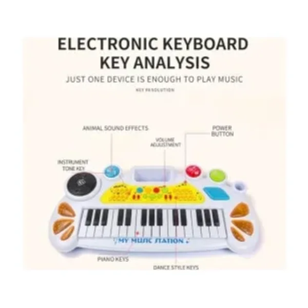 Elektronik Org Müzik Seti Mikrofonlu 45 cm Çocuk Piyano MP3 Girişli LED Işıklı Karaoke Oyuncak 3+ Yaş Beyaz