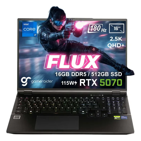 GameRaider FLUX GR16 Intel Core i7-14650HX GeForce RTX 5070 8GB 115W 16GB DDR5 512GB SSD 16 inç 2.5K QHD+ 180Hz FreeDos Gaming Laptop - Çanta Hediyeli