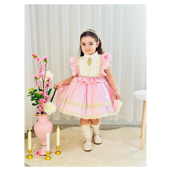 Hly Karol Tasarım Pembe Krem Vintage Kız Bebek Elbisesi,Doğum günü,fotoğraf çekim elbise,0-12 Yaş Uygun