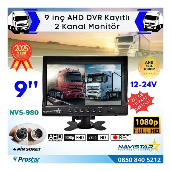 Kayıtlı 9 İnç İkiye Bölen 2 Kanal Split Ahd 1080P/720P Destekli 4 Pin 256 Gb Sd Destekli Monitör