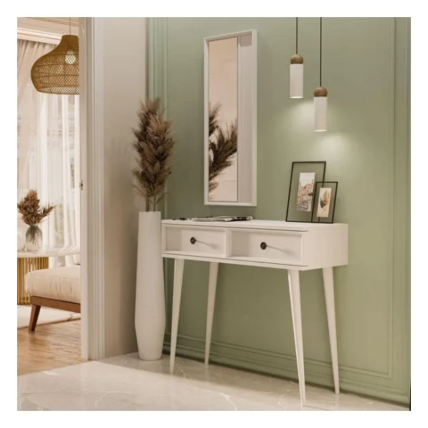 Mezza 6020 LUNA (AHŞAP AYAKLI) MDF PROFİL ÇERÇEVELİ 2 ÇEKMECELİ AYNALI DRESUAR BEYAZ