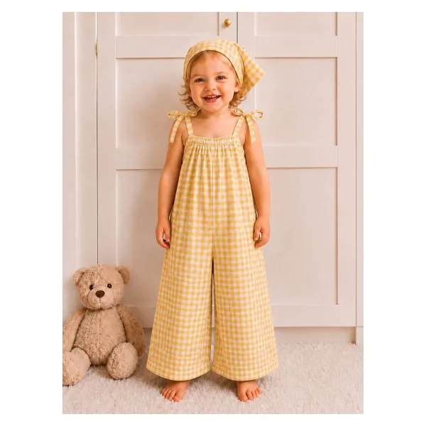 Moda Lina Baby Sarı Ekose Poplin Kumaş Askılı Kız Çocuk Takım ( Tulum / Askılı Bluz Pantolon Seçenek )
