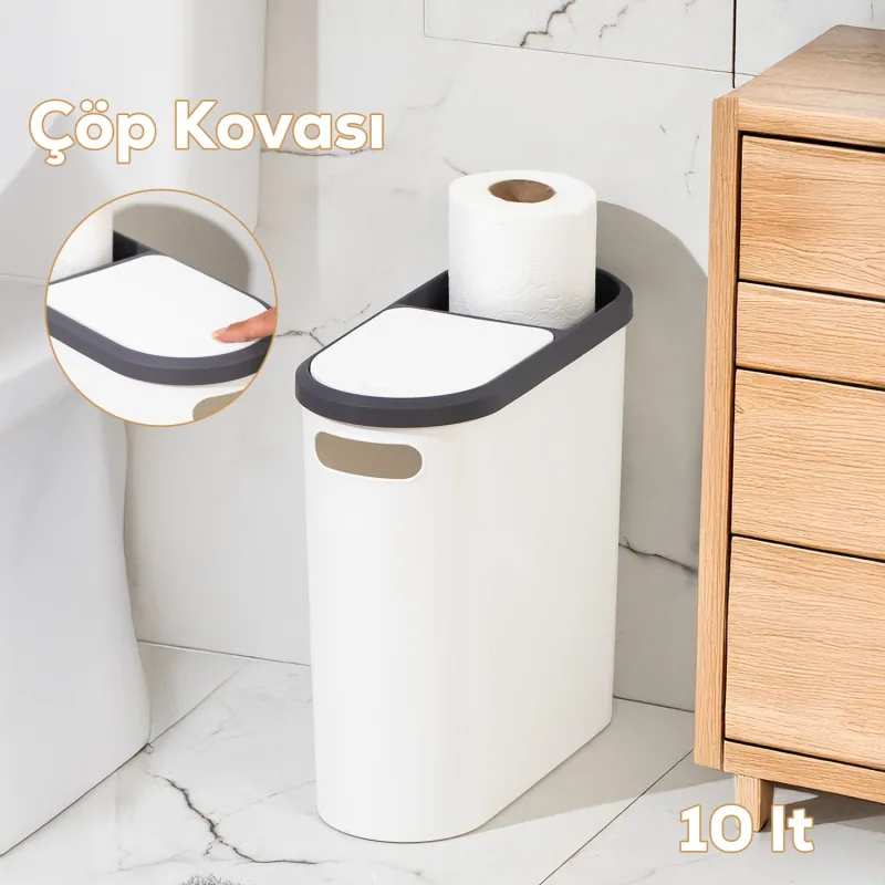 Porsima M-325 Kapaklı Çöp Kutusu 10LT Beyaz Plastik Banyo ve Mutfak İçin Pratik Çöp Kovası
