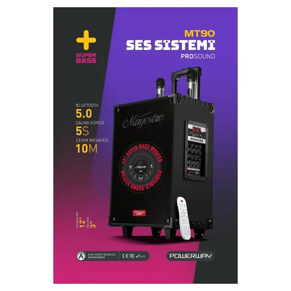 Powerway Şarjlı Çift Mikrofonlu Hoparlör Karaoke Sistemi Taşınabilir Amfi Mt90 Bluetooth Hoparlör