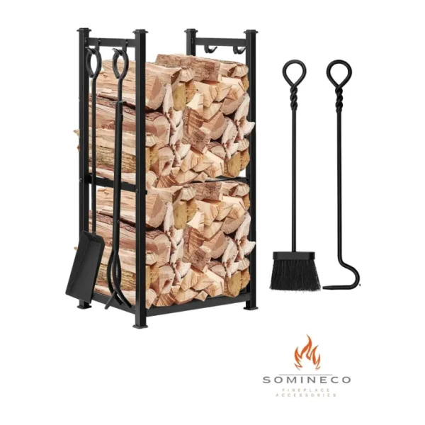 SOMINECO 5 Li Ithal Metal Odunluk Raflı Şömine -Soba Maşa Takımı Aksesuar Seti SS-001