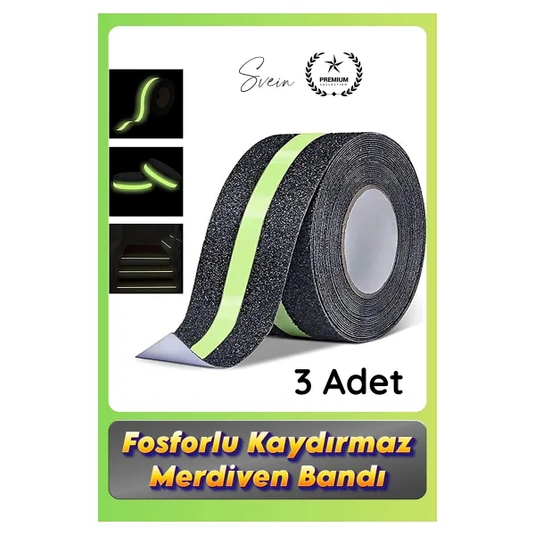Svein #bant 3 Adet Fosforlu Kaydırmaz Merdiven Bandı 5 cm x 3 M Fotolümenli Yeşil Zemin Güvenlik Basamak
