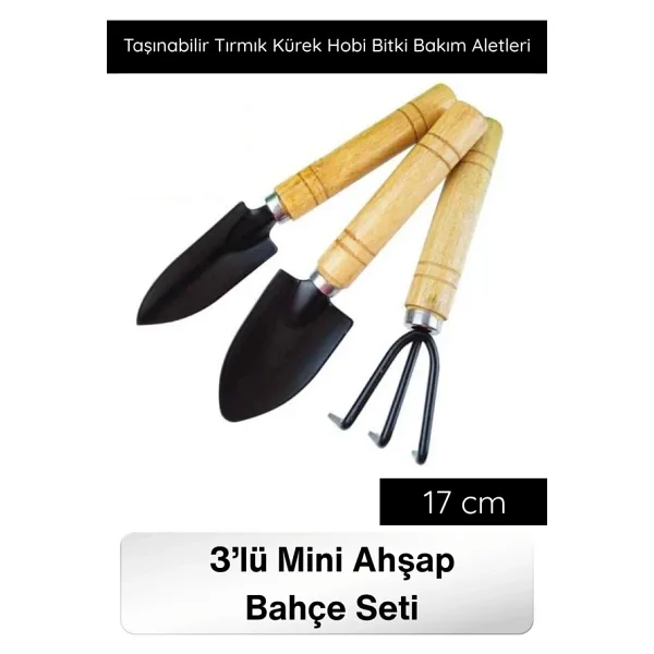 #Tırmık 3'lü Mini Ahşap Bahçe Seti Taşınabilir Tırmık Kürek Hobi Bitki Bakım Aletleri Kazma Kürek Sa