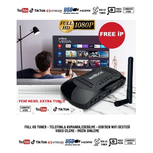 wellbox Vega Çanaklı Çanaksız Wifi Anten Dahil Full Hd Free Ip Yeni Nesil Extra Tuşlu Uyumlu