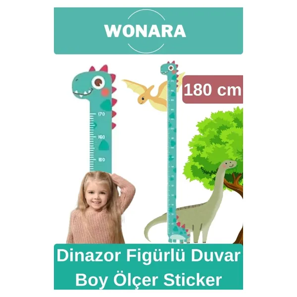 Wonara Özel Üretim Çocuk İçin Dinazor Figürlü Çift Taraflı Yapışkanlı Silinebilir Duvar Boy Ölçer Sticker