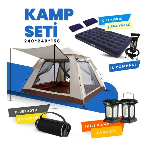 Yussraw 4-6 Kişi Kamp Çadırı Seti Taşınabilir Otomatik 240x240x158+LAMBA+YATAK+YASTIK+POMPA+HOPARLÖR