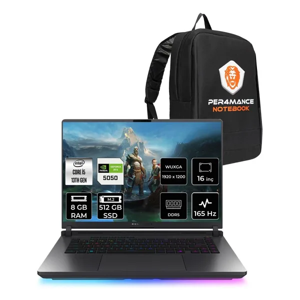 Asus Rog Strix G16 İ5 13450hx RTX 5050 8gb Gaming Laptop 8gb RAM 512gb SSD 16" FHD+ 165hz Freedos + Per4 Çanta G615jhrv053p302 - 512 GB - 8 GB