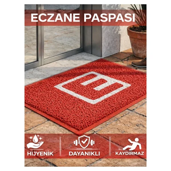 Beylini Eczane Önü Paspası E Logo Giriş İşyeri Eczane Mağaza Girişi Kapı Önü Kıvırcık Hijyen Halısı 60X80 Cm