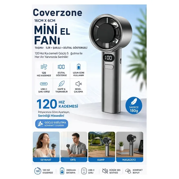 Coverzone 16cmx6cm Mini Küçük El Fanı Taşınabilir Şarjlı Dijital Göstergeli Ayarlanabilir 120 Hız Kademeli Taşınabilir Soğutucu Fan Usb-C Şarjlı Masaüstü Seyahat Ofis Kamp Için Vantilatör FZM-01