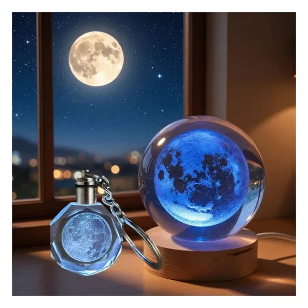 Dolunay Tasarımlı Işıklı Cam Küre - Kristal Anahtarlık Seti - Renk Değiştiren Gece Lambası