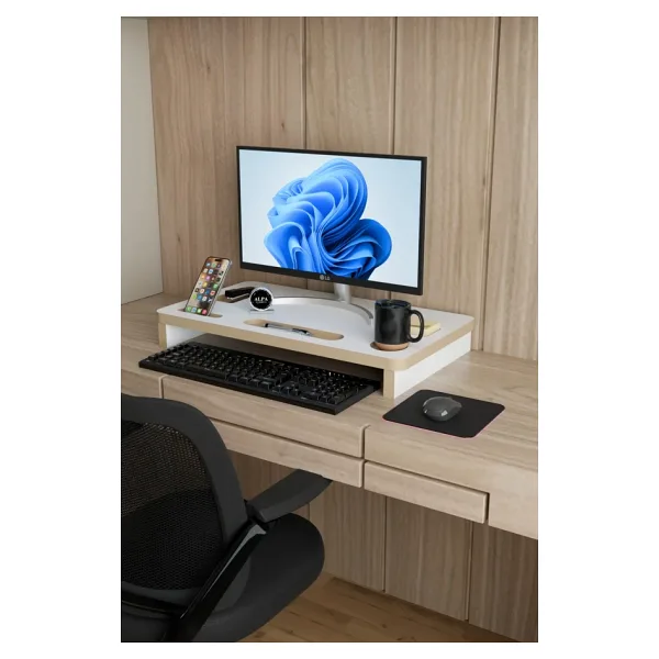 Ergonomik Mdf Monitör Standı Ekran Yükseltici Masaüstü Düzenleyici Organizer Telefon-bardak Bölmeli