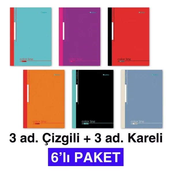 Etika A4 Dikişli Okul Defteri 6'lı Paket (3 Çizgili + 3 Kareli) - 60 Yaprak (120 Sayfa)