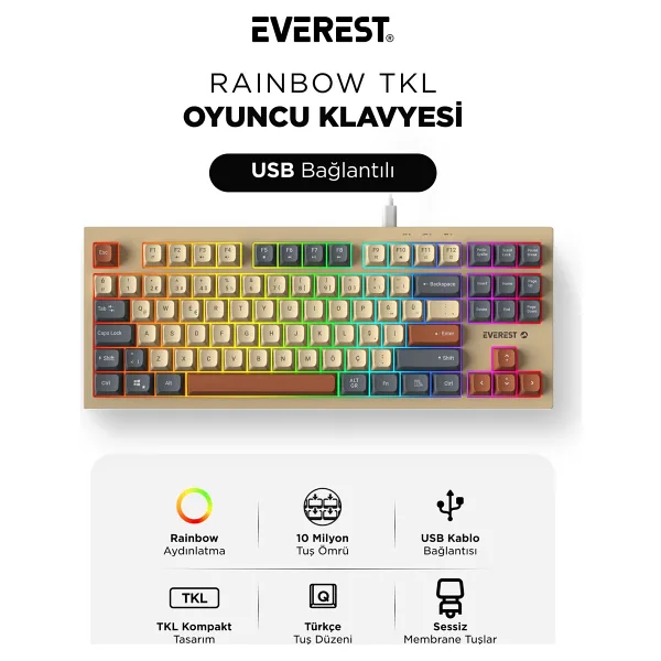Everest Silent TKL KB-98 Membrane Switch Kablolu Oyuncu Klavyesi
