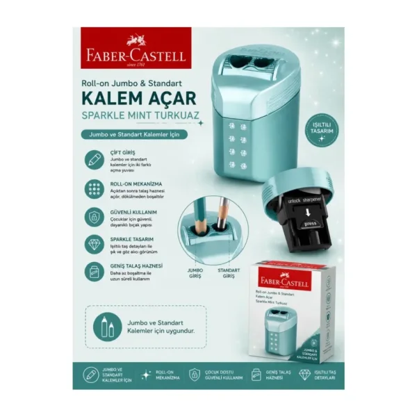 Faber-Castell Faber Castell Roll-On Jumbo ve Standart Kalem Açar Kalemtıraş Sparkle Mint Turkuaz
