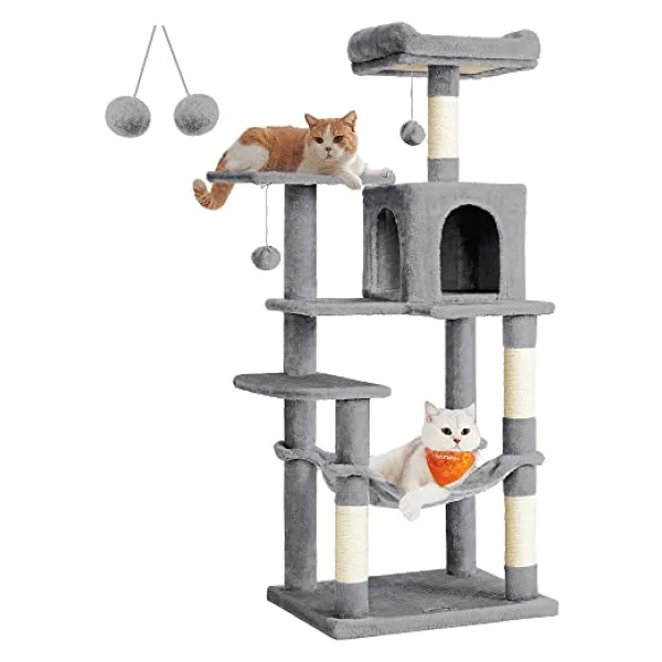 Feandrea PCT161W01 Tırmalama Ağacı, 143 cm Yüksekliğinde, Kedi Ağacı, Çok Katlı Kedi Evi, 4 Tırmalama Sütunu, 2 Platform, Hamak, Mağara, Açık Gri