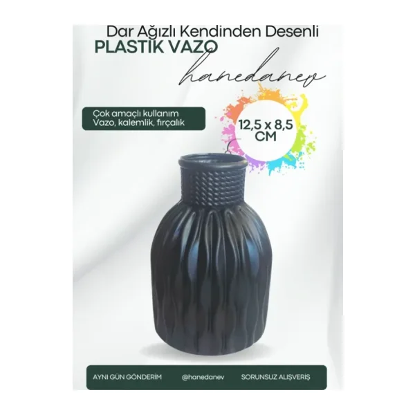 Hanedanev Kendinden Desenli Dar Ağızlı Plastik Vazo - Çok Amaçlı Kalemlik Fırçalık Vazo 12,5 x 8,5 Cm