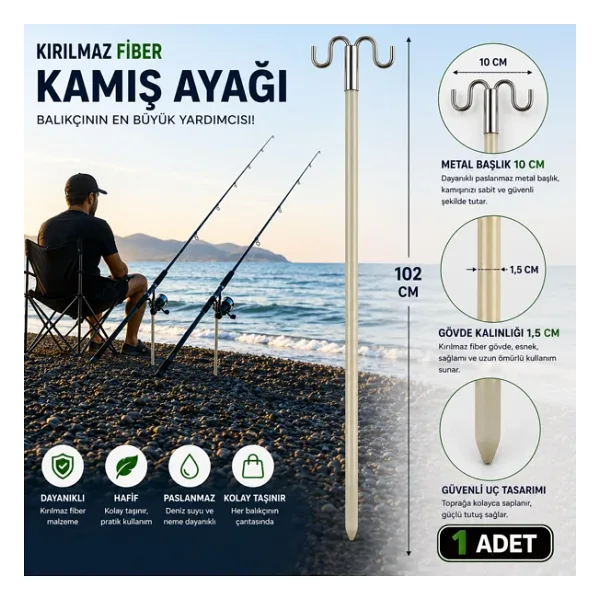 Hedyex Kırılmaz Fiber Kamış Ayağı 102 Cm Çift Başlıklı Olta Tutucu 1 Adet