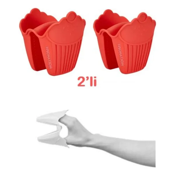 HOLLYHOME 2'li Silikon Cupcake Kırmızı Fırın Eldiveni, Tepsi Tutacağı, Mikrodalga Tutacak, Yanmaz Eldiven