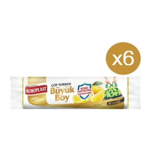 Koroplast Ekstra Güçlü Limon Kokulu Büzgülü Büyük Boy Çöp Poşeti 10'lu 6 Adet