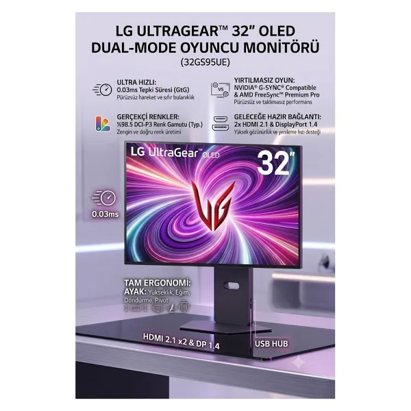 LG UltraGear 32GS95UV 32" 0.03 ms 4K 240 Hz - Full HD 480 Hz Pivot Oyuncu Monitörü
