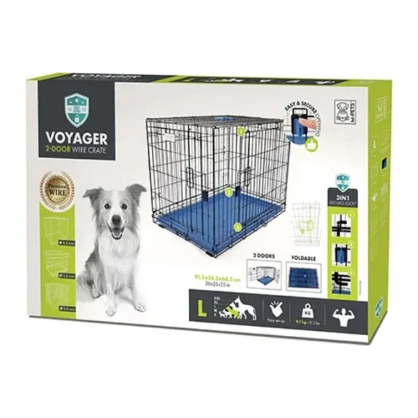 M-Pets Voyager 2 Kapılı Tekerlekli L Mavi 91x58x63 cm Köpek Kafesi