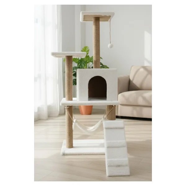 Missidea B07 Hamaklı Yuvalı Lüx Kedi Tırmalama Oyun Evi Beyaz