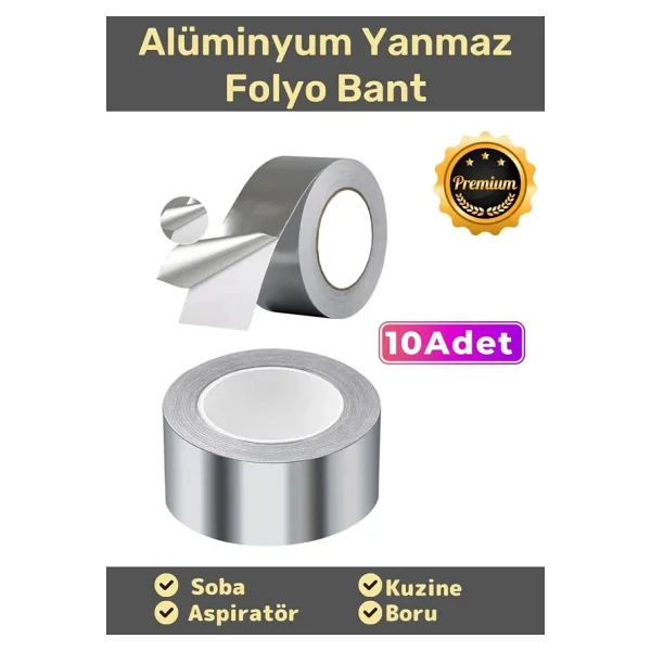 Özel Suya Sıcaklığa Dayanıklı Tamir Soba Boru Yama Alüminyum Yanmaz Folyo Bant 44mm 10mt - 10 Adet
